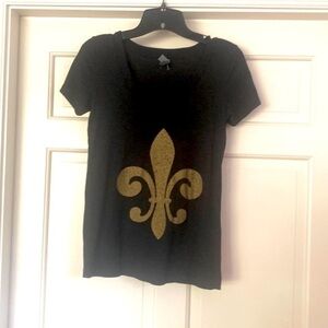 Fleur de Lis V Neck Shirt Ladies Black Gold Mardi Gras Fleurty Magazine Olympics